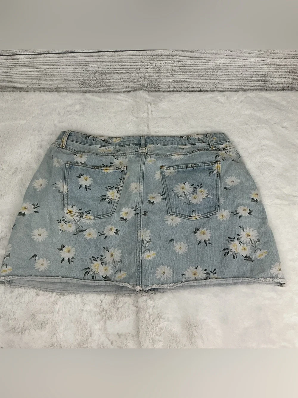 Floral Button Front Denim Skirt - Light Blue
